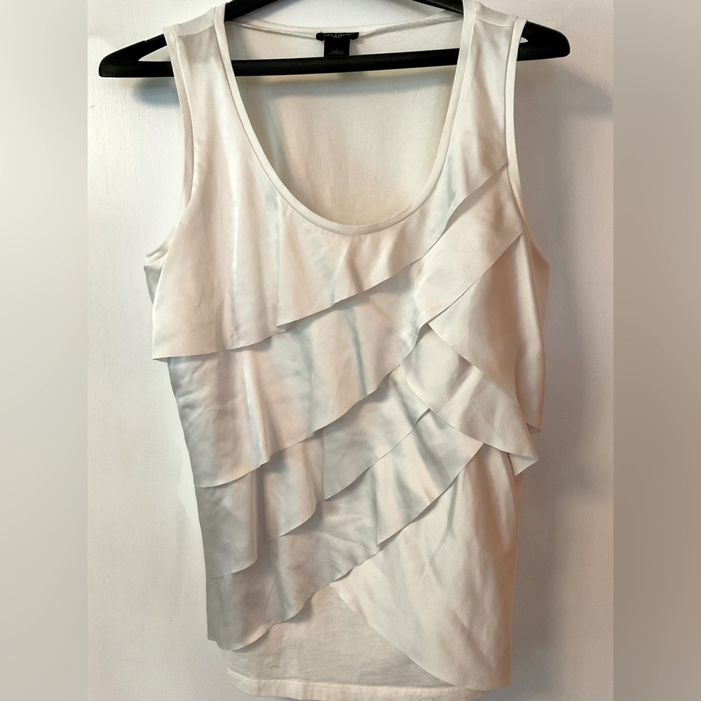 Ann Taylor Sleeveless Tank Top, Silky Overlapping Ruffle Front, Size L.